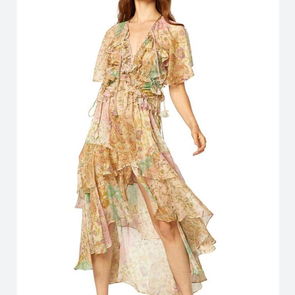MISA Los Angeles Alana dress.  Multi-colored sheer floral flowy midi dress.